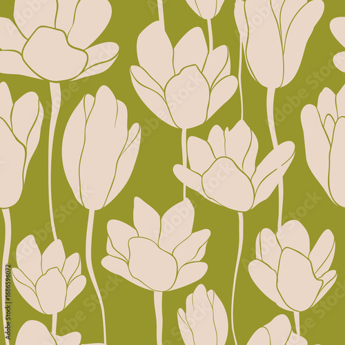 Seamless floral tulips vector laconic delicate doodle pattern handmade for design fabric decor ceramics postcards flowers texture print on green-ochre khaki background