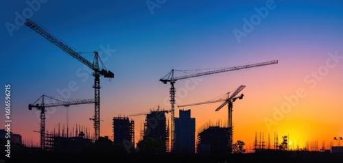The construction cranes silhouetted against a vibrant sunset over an urban skyline