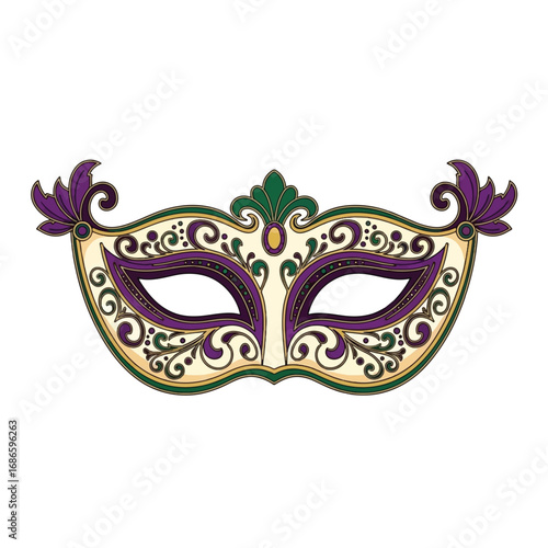 Elegant and ornate Mardi Gras mask with intricate purple, green, and gold detailing, perfect for celebrations.