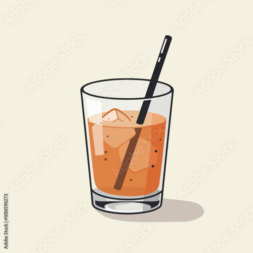 A refreshing beverage in a clear glass with ice cubes and a black straw, presented on a light background.