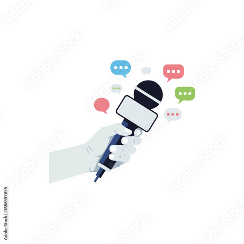 An illustrated hand holds a microphone surrounded by colorful speech bubbles, symbolizing interview, communication, or public speaking.