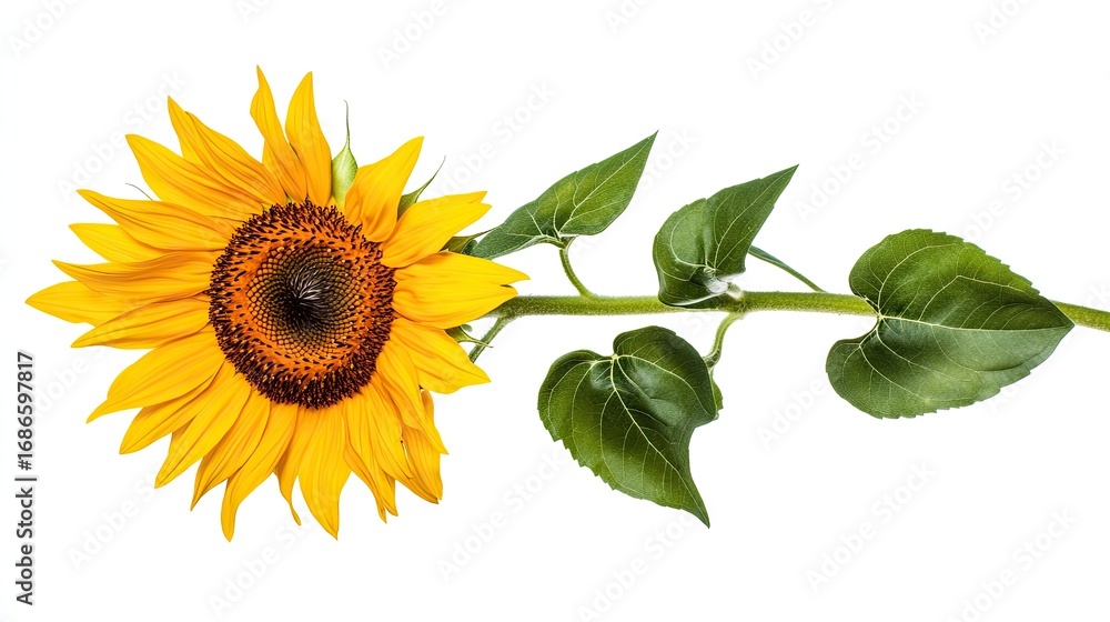 Naklejka premium Vibrant Sunflower with Stem and Leaves, Isolated on White Background