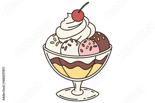 Ice Cream Sundae in a Glass Cup with Whipped Cream and Cherry
