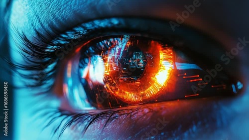 Human eye showing futuristic digital technology and circuits