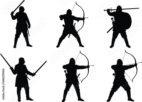 Medieval warrior silhouette vector, archer and swordsman, knight fighter poses, battle stance, historical combat, ancient soldier illustration, black shadow artwork design