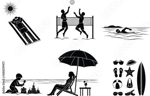 Beach activity silhouettes, summer vacation, vector illustration, sunbathing, swimming, volleyball, sandcastle, beach items, flat sketch, cad drawing, outdoor leisure, holiday vibe
