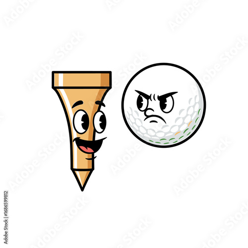 A cartoon golf tee and ball with expressive faces, isolated on white.