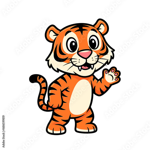 A cheerful cartoon tiger stands, waving its paw in a friendly greeting, smiling.
