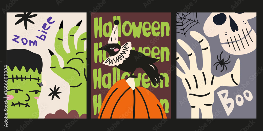 Obraz premium Halloween festive backgrounds with cartoon spooky monsters, zombie, vampire, ghost, skeleton, crow, pumpkin in retro groovy style. Mystical scary holiday posters set for invitation, decor