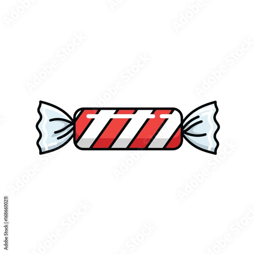 A red and white striped candy wrapped in clear cellophane packaging, isolated on a white background.