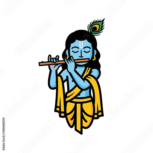 Lord Krishna, serene and blue-skinned, plays a bansuri flute, adorned in traditional yellow clothing and a peacock feather.