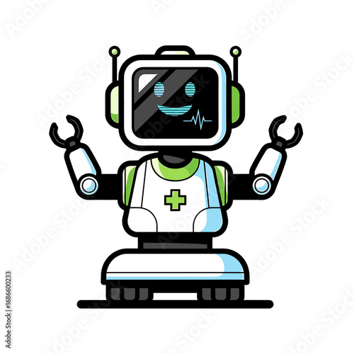 A friendly, smiling robot with a medical cross on its chest, arms raised.
