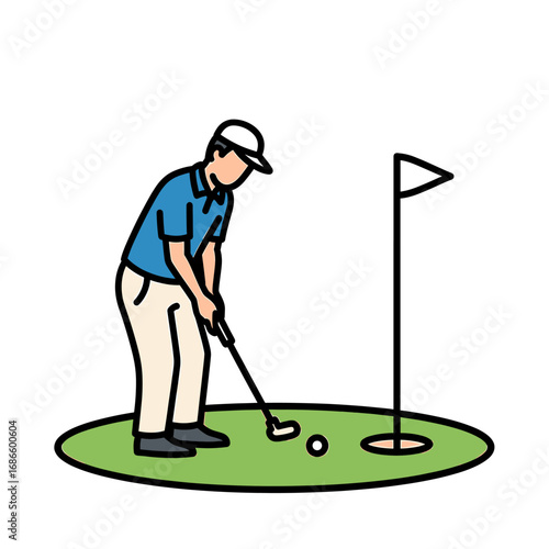 Golfer in blue shirt prepares to putt the ball into the hole with a flag nearby.