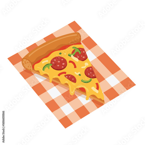 2D flat vector shows a supreme pizza slice with melted cheese, pepperoni, and vegetables on a colorful checkered napkin next to a half-eaten crust, white background.