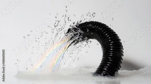 Dynamic shot of water arcing from a coiled black rubber hose on white backdrop, sunlight creating rainbow refraction in the spray