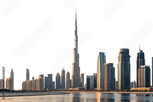 Dubai skyline featuring Burj Khalifa tower and modern skyscrapers reflected in calm water, isolated on a transparent background