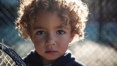 A young child with curly hair holding a tennis racket in front of a chain-link fence.