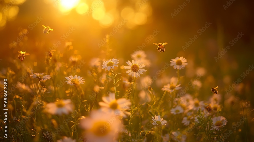 Fototapeta premium Golden hour lighting illuminating a wildflower meadow, bees hovering over blossoms, depth of field emphasizing layers of floral textures