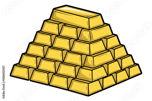 Vibrant hand-drawn illustration featuring a pyramid stack of thirty shining golden ingots, symbolizing wealth, success, and financial prosperity.