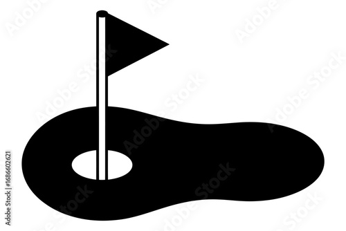Minimalist black silhouette of a golf course putting green with a hole and pin flag. Simple vector icon for sport and recreation concepts.