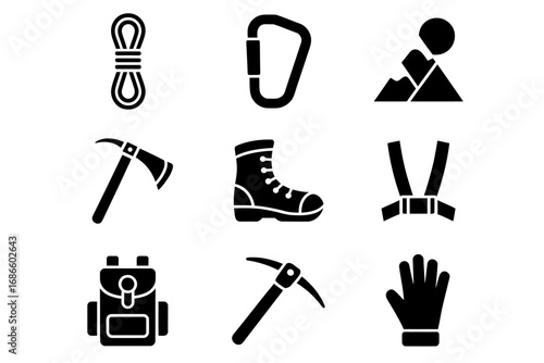 Precise Black and White Vector Icons of Essential Climbing and Mountaineering Equipment for Outdoor Sports and Adventure Activities