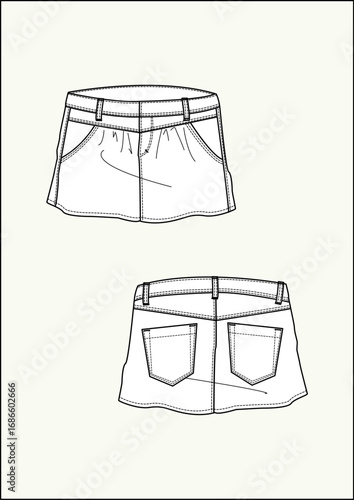 Gonna corta denim con tasche disegno piatto sketch fashion illustration fronte e retro mock up vettoriale