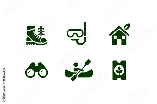A silhouette illustration set of green eco-tourism and outdoor activity icons for travel and adventure.