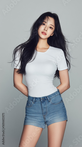 Korean model poses confidently in stylish casual outfit featuring white top and denim shorts in a minimalistic studio setting