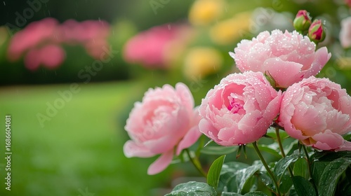 Fototapeta Naklejka Na Ścianę i Meble -  Close-up of dew-covered peonies and roses in a cottage-style garden, with a blurred background of fresh green grass and distant flowering shrubs
