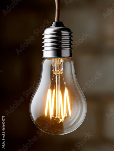 A glowing filament bulb with a warm light in a dim setting.