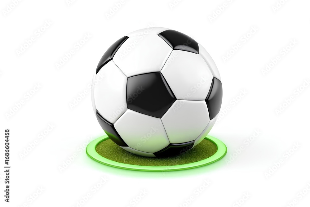 Fototapeta premium Classic Black and White Soccer Ball Resting on a Glowing Green Circle with White Background