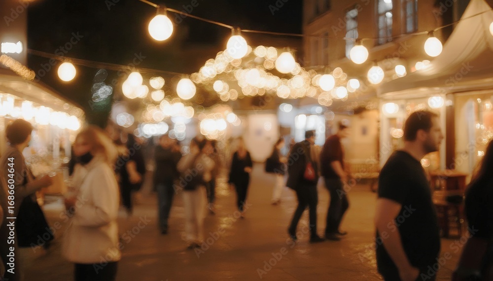 Fototapeta premium Vibrant night scene with people and glowing lights in a bustling atmosphere. Blurred Background