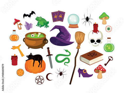 Halloween witchcraft magic tools icon set vector. Many witch accessories icon set isolated on a white background. Wizards equipment color icons. Spooky wicca tools design element