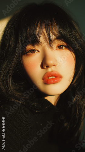Portrait of a young Korean woman with soft makeup and natural light revealing her beauty indoors