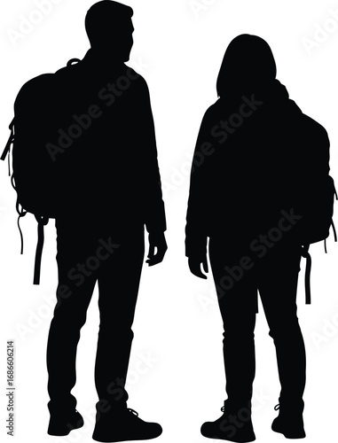 Silhouette of two hikers with backpacks standing, isolated on transparent background