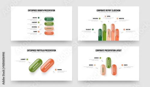 Enterprise Insight 4 5 2 3 Option Infographic Slide Design Set. Professional Growth Four Five Two Three Step Diagram Frame Layout Vector Illustration Collection.