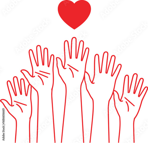 Group of diverse hands reaching up towards a red heart symbol, isolated on transparent background, representing unity and love