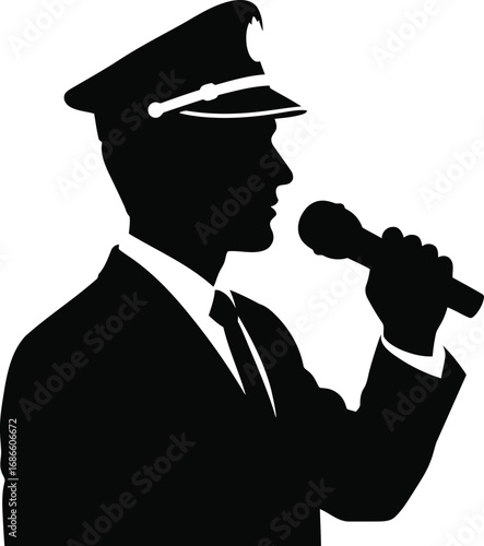 Silhouette of a man in a uniform and hat speaking into a microphone, isolated on transparent background