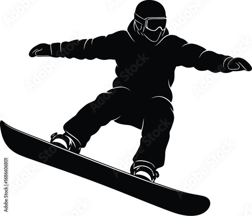 Silhouette of a snowboarder in action on a transparent background