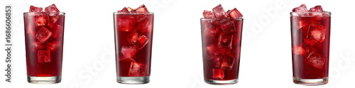 Iced hibiscus tea with apple juice and ice cubes in a tall glass isolated on transparent background PNG file