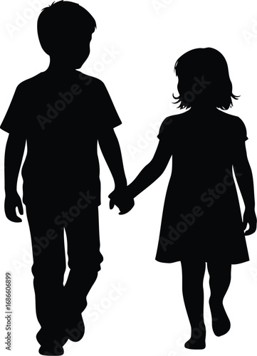 Silhouette of a boy and a girl holding hands and walking together, isolated on transparent background