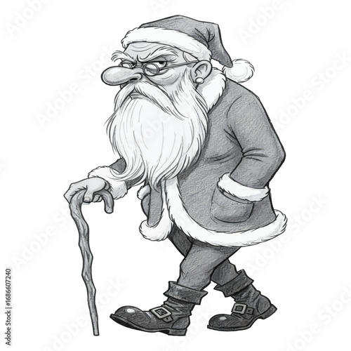 Elderly Santa cartoon walking with cane, Santa walking stick sketch, cranky old man drawing in monochrome style. 