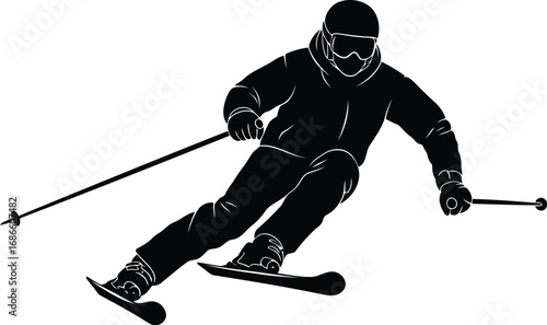 Silhouette of a skier in action, wearing ski gear and holding poles, on a transparent background