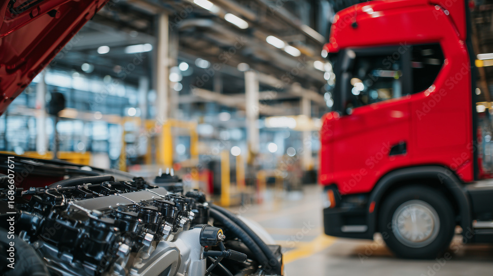 Fototapeta premium Detailed shot of heavy truck engine in repair, metallic surfaces, hoses, and connectors prominent, red truck softly blurred, workshop ambient light