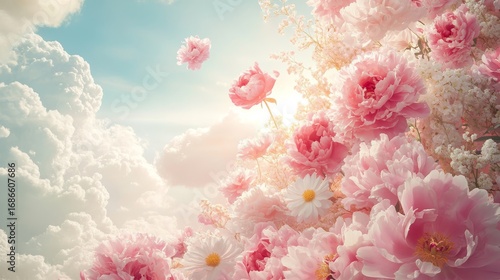 Fototapeta Naklejka Na Ścianę i Meble -  Vibrant pink peonies and daisies drifting weightlessly among fluffy white clouds, soft sunlight filtering through petals, dreamy pastel sky backdrop.
