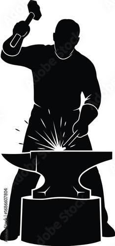 Silhouette of a blacksmith hammering metal on an anvil, creating sparks, symbolizing craftsmanship, industry, and hard work, isolated on transparent background