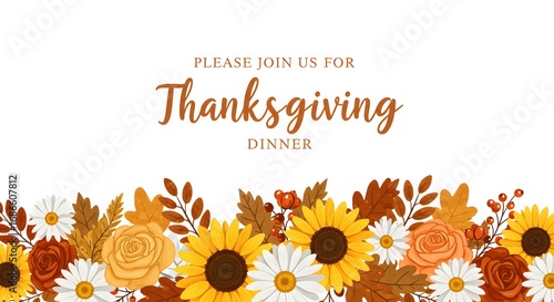 Thanksgiving Invitation with Floral Border of Sunflowers, Roses, Autumn Leaves and Berries