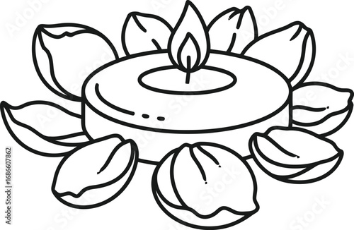 A simple black and white line drawing of a lit candle surrounded by leaves, isolated on a transparent background