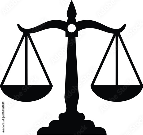 Black silhouette of a classic justice scale, isolated on a transparent background