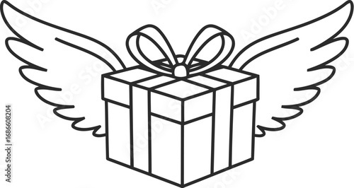 Line art of a gift box with wings and a bow isolated on transparent background